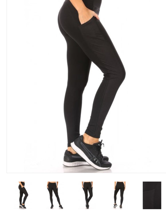 Womens High Waist Sports Leggings With Side Ribbed Panels & Pockets